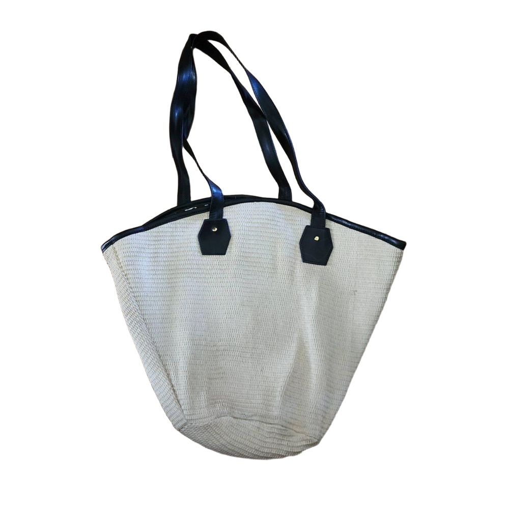 Bag Womens Size Large‎ Black Woven Straw Tote Black Leather Handles Coastal Chic